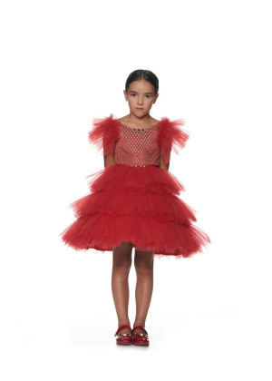 Gems Beaded Red Lace Tulle Tiered Flower Girl Dress